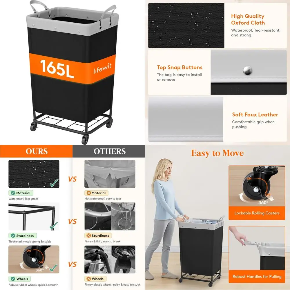 

Large Heavy Duty Rolling Laundry Hamper with Wheels, 165L Capacity, Tall Steel Frame Commercial Laundry Basket with Handles