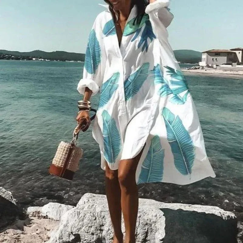 2026 Women's Beach Cover Dress Oversized Swimwear Cover Up Shirt Dresses Printing White Boho Plus Size Beach Dress