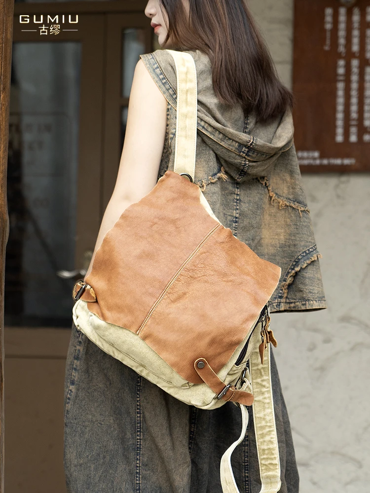 Retro Canvas With Genuine Leather Women's Backpack Handbag Shoulder Crossbody Bag 2025 New Travel Commuter Leisure Bags Portable