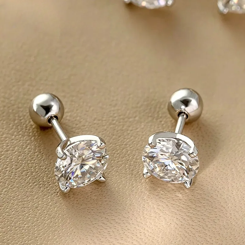 Classic 925 Sterling Silver 4 Prong Set 5A Zircon Screw Back Stud Earrings for Women Round Solitaire Dainty Piercing Ear Jewelry
