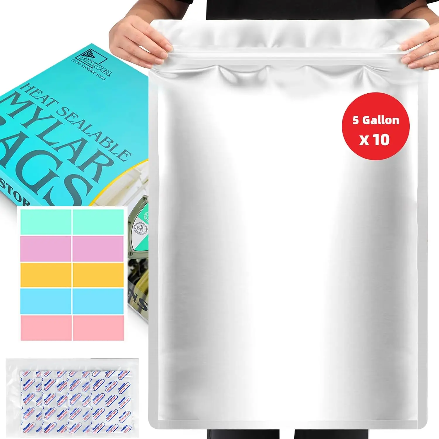 

10PCS 5 Gallon Mylar Bags with 2500CC Oxygen Absorbers and Labels, Zipper Resealable Pouches Heat Sealable Bags for Long Term