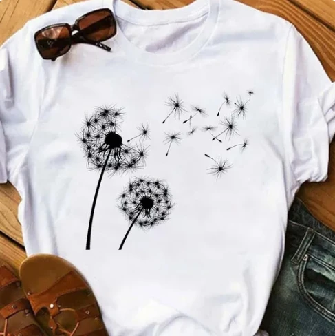 Maycaur New Cute Dandelion Printed Women T Shirt Cartoon Graphic Printed White Ladies T-shirt Casual Woman Shirt Funny Tees Shir