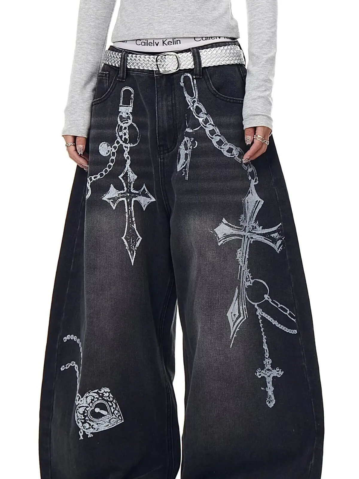 

American Retro Cross Men's Jeans Casual Loose Print Wide Leg Long Pants Autumn Faion Brand High Sensation Loose Fit Jeans