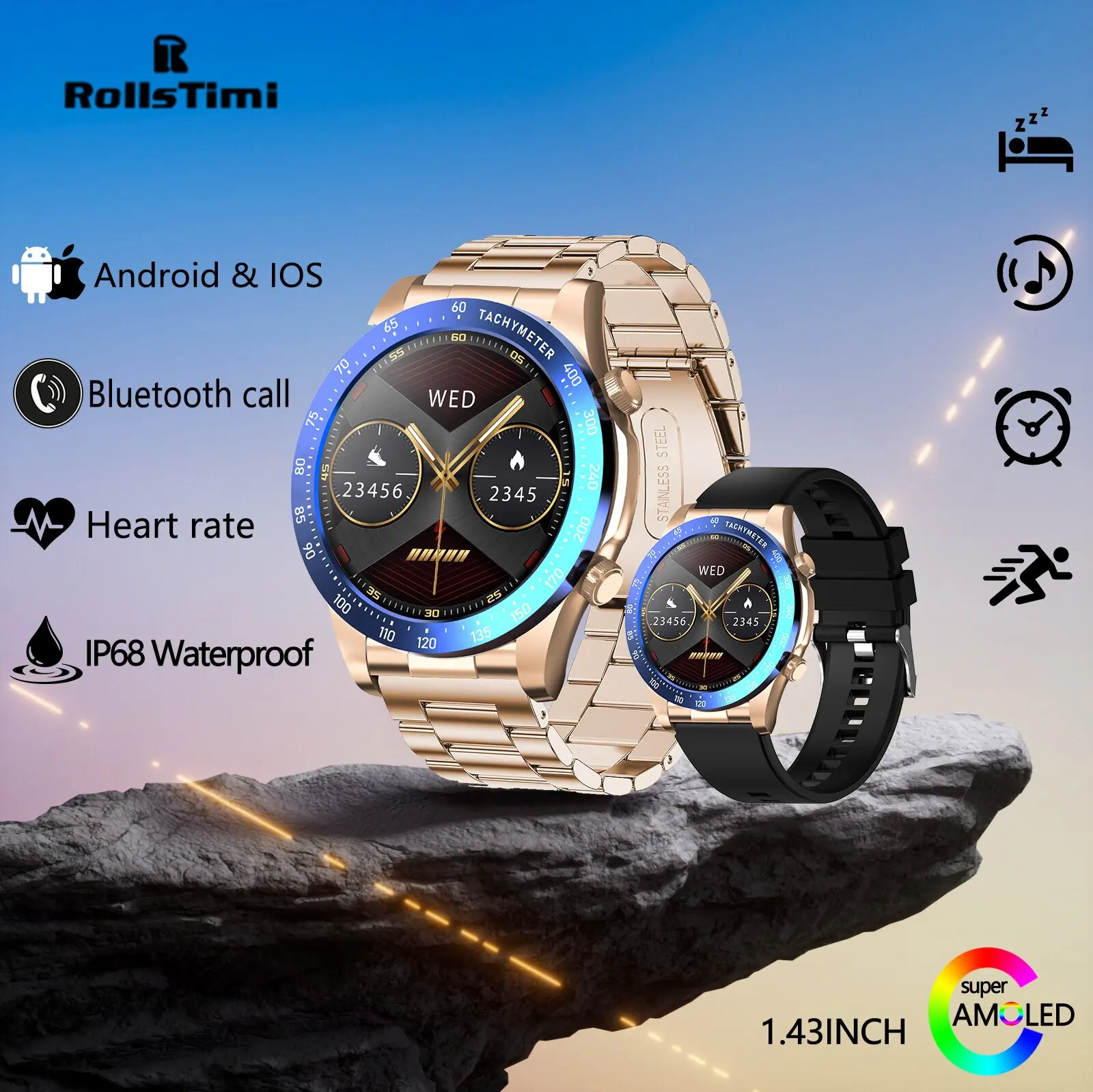 ROLLSTIMI Sports Fitness Men Women Smartwatch 1.43inch AMOLE