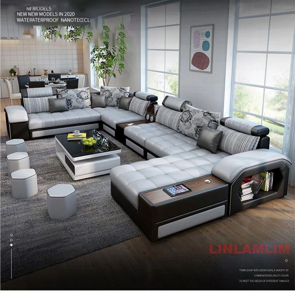 Linlamlim U-Shaped Sectional Fabric Sofa Set - Modern Living Room Furniture with Storage, Built-in Side Table, USB, and Cushions