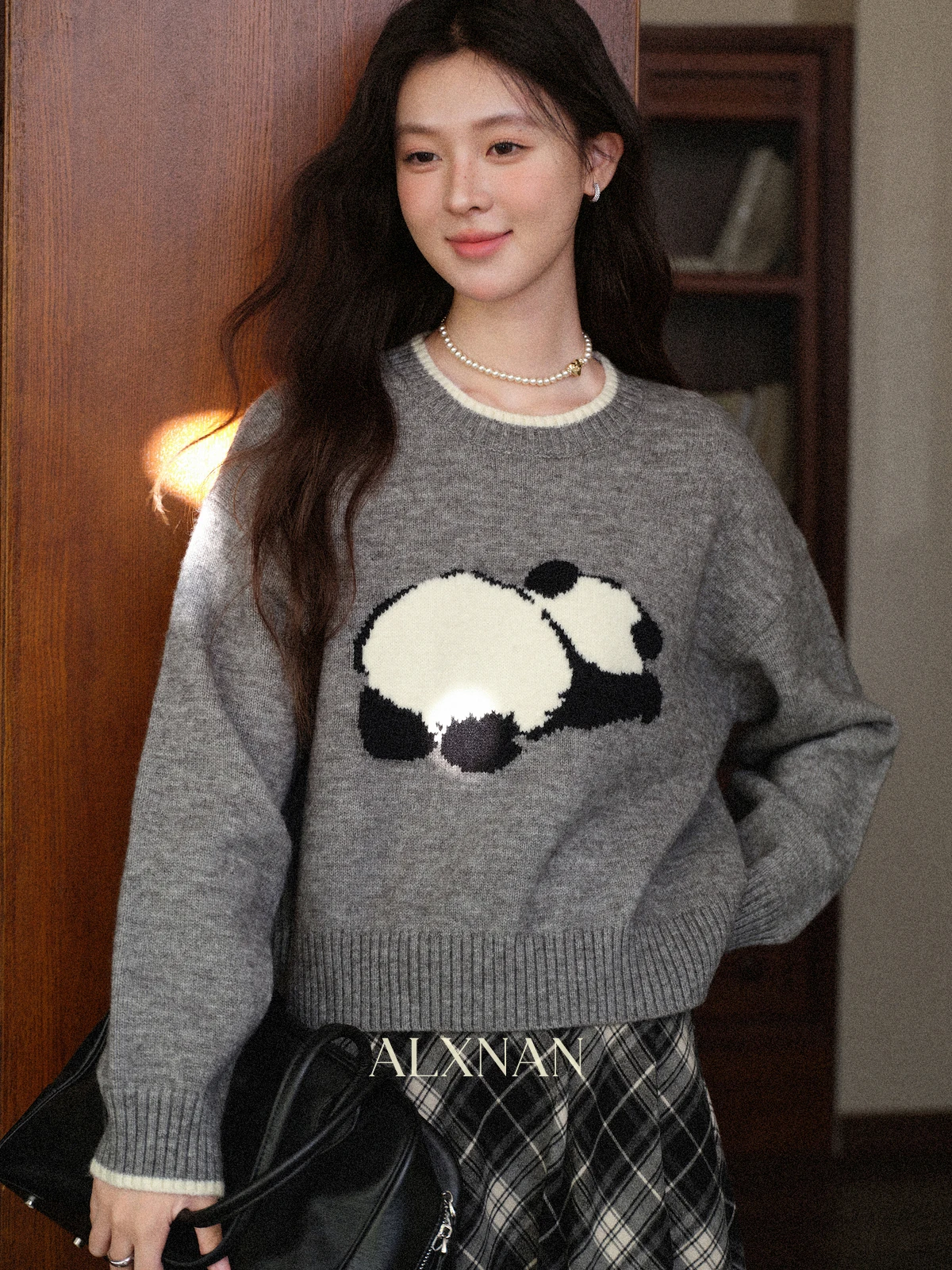 

Panda Mochi ey круглый Ne Long Sve свитер женский теплый свободный крой трикотаж осень-зима новый простой топ