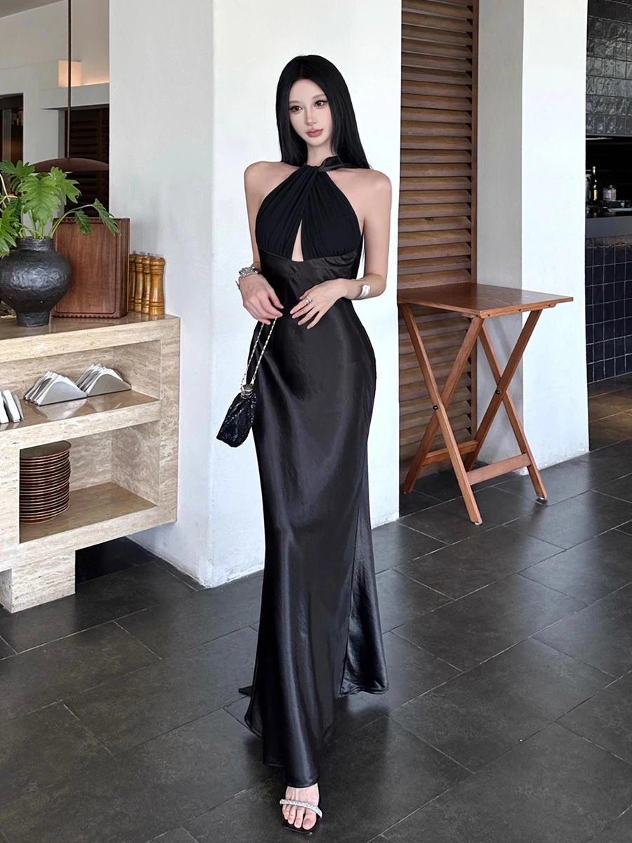 RORORIRI Abito lungo da donna con scollo all'americana fluido e cut-out sexy Abito da sera vintage in un unico pezzo con spalle scoperte in raso nero