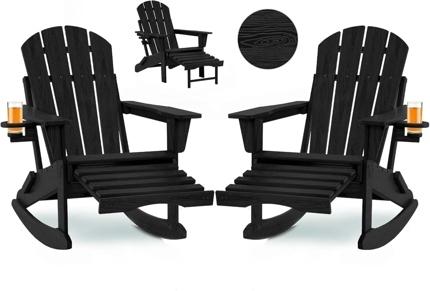 

Folding Adirondack Rocking Chair Set of 2,4-in-1 Multifunctional Patio Chairs with Retractable Ottoman, Wood Texture(Black)