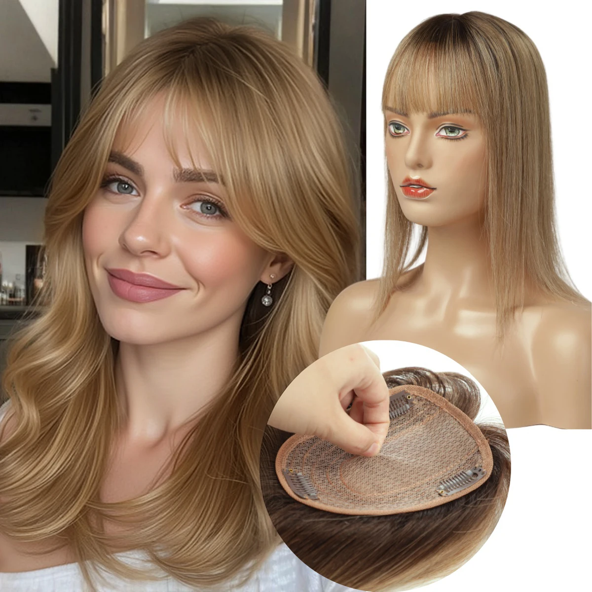 Brown Ombre 100% Human Hair Toppers with Bangs 14 Inch Clip In Remy Hairpieces for Women Dark Root Hair Extensions Daily Party