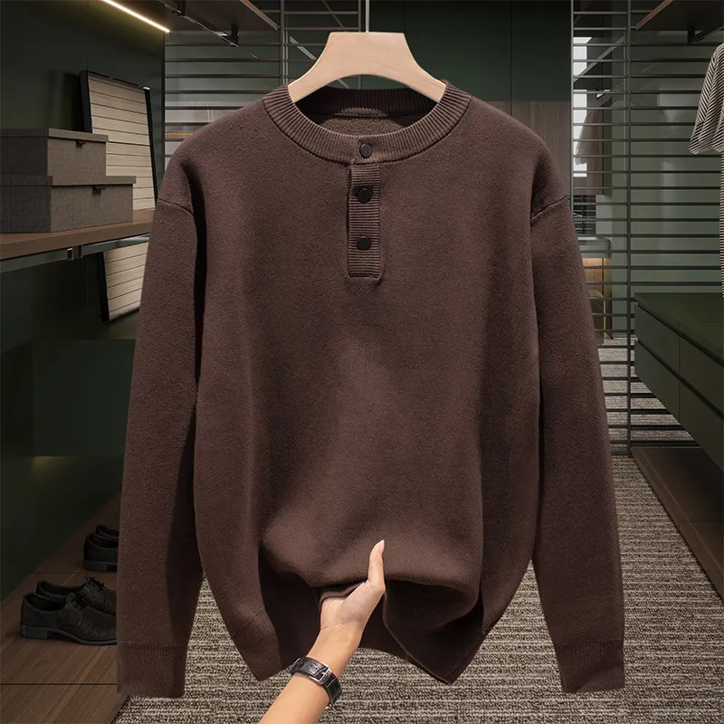 

Мужской вязаный свитер Caramel American Sle с воротником Хенри, из чистого хлопка, с длинными рукавами, для ношения под одеждой, комфортный, дышащий, теплый