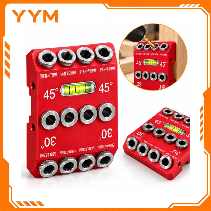 YYM Cable Railing Drill Template Block, 30/45/90° Drill Guide Jig with Bubble Level, 4 Sizes for Angled & Straight Hole Drilling