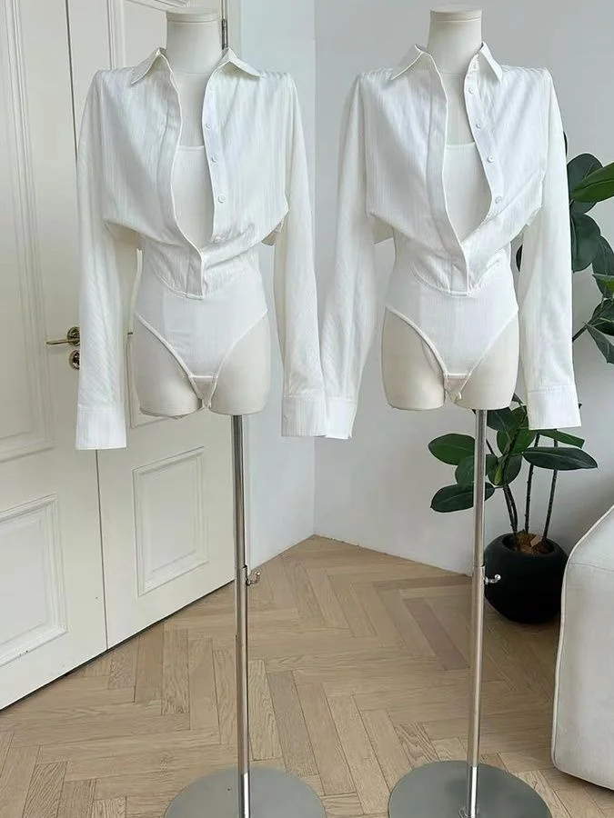 

White Silk One-Piece Collar Slim Fit Waist Cinching Women's irt 2025 New Sle Ele mat Workwear