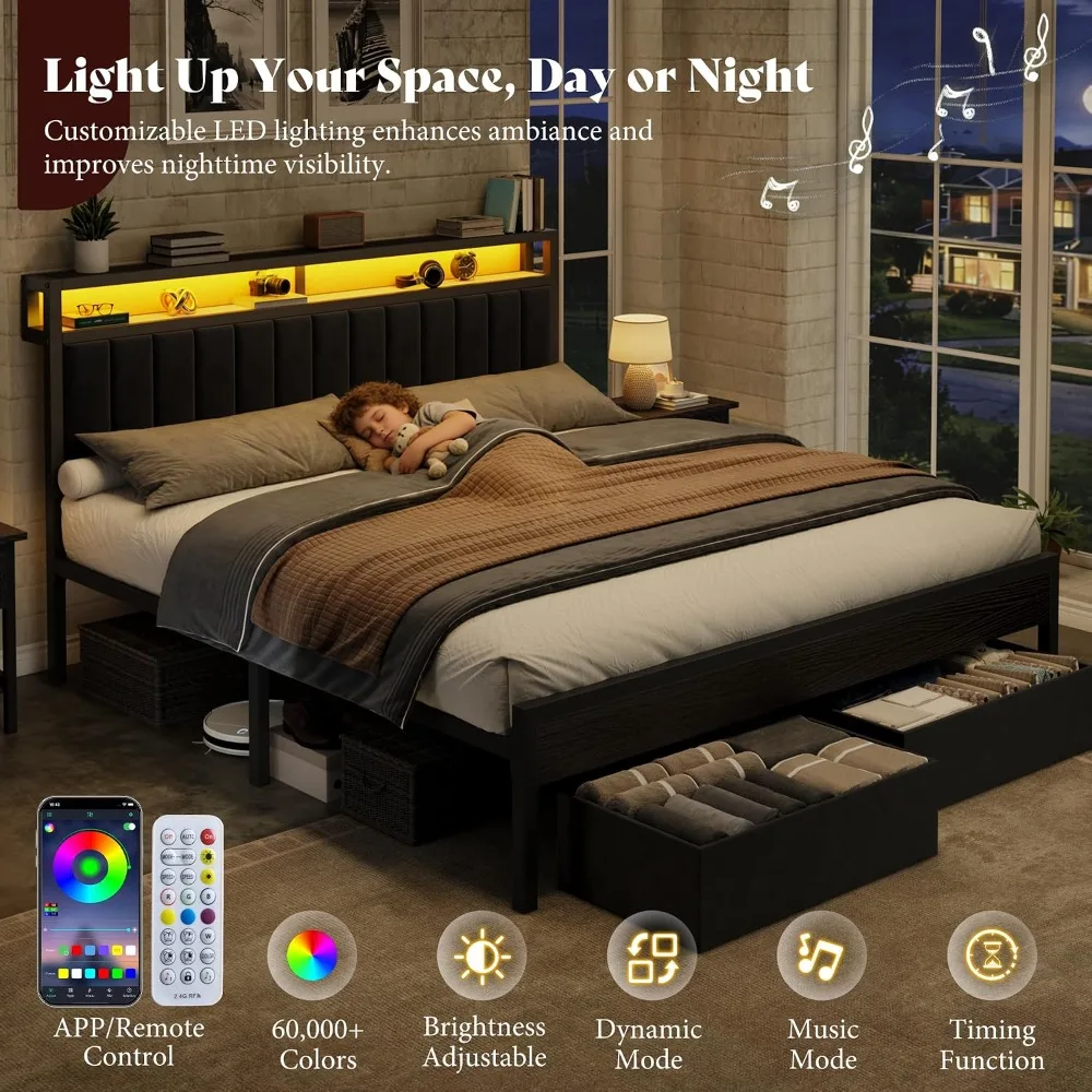 King Bed Frame with LED Light and 2 Storage Drawers, Metal Platform Bed with Storage Headboard, Velvet Upholstered,, Customized view 5