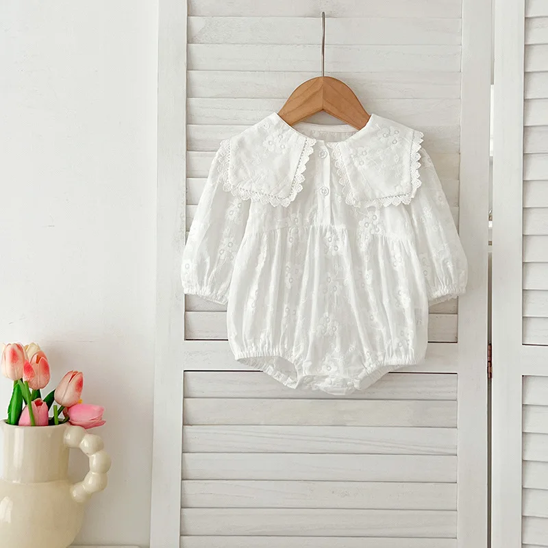 Baby Crawling Clothes Spring and Autumn Long Sleeved Western Style Embroidered Girls Baby Clothes Solid Rompers