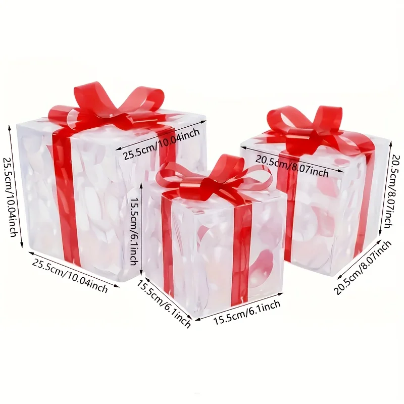 3Pcs Lighted Christmas Gift Boxes, Transparent Warm White LED Box with Red Bows, Xmas Decor for Tree Yard Home Indoor Outdoor`