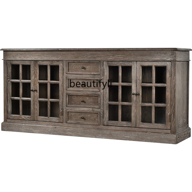 

xzxAmerican retro dining side cabinet light luxury solid wood storage cabinet living room home storage wine cabinet