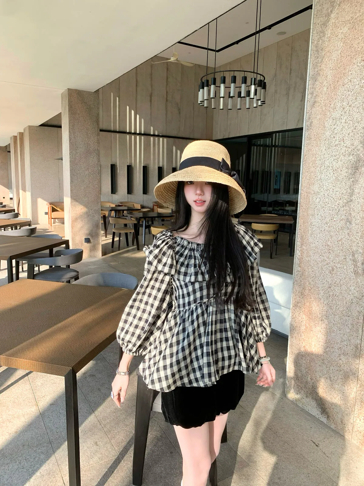 

Хлопковая клетчатая рубашка для девочек, весна-лето 2026, черно-белая, в клетку «гингем», с пышными рукавами, стандартной длины, с длинными рукавами