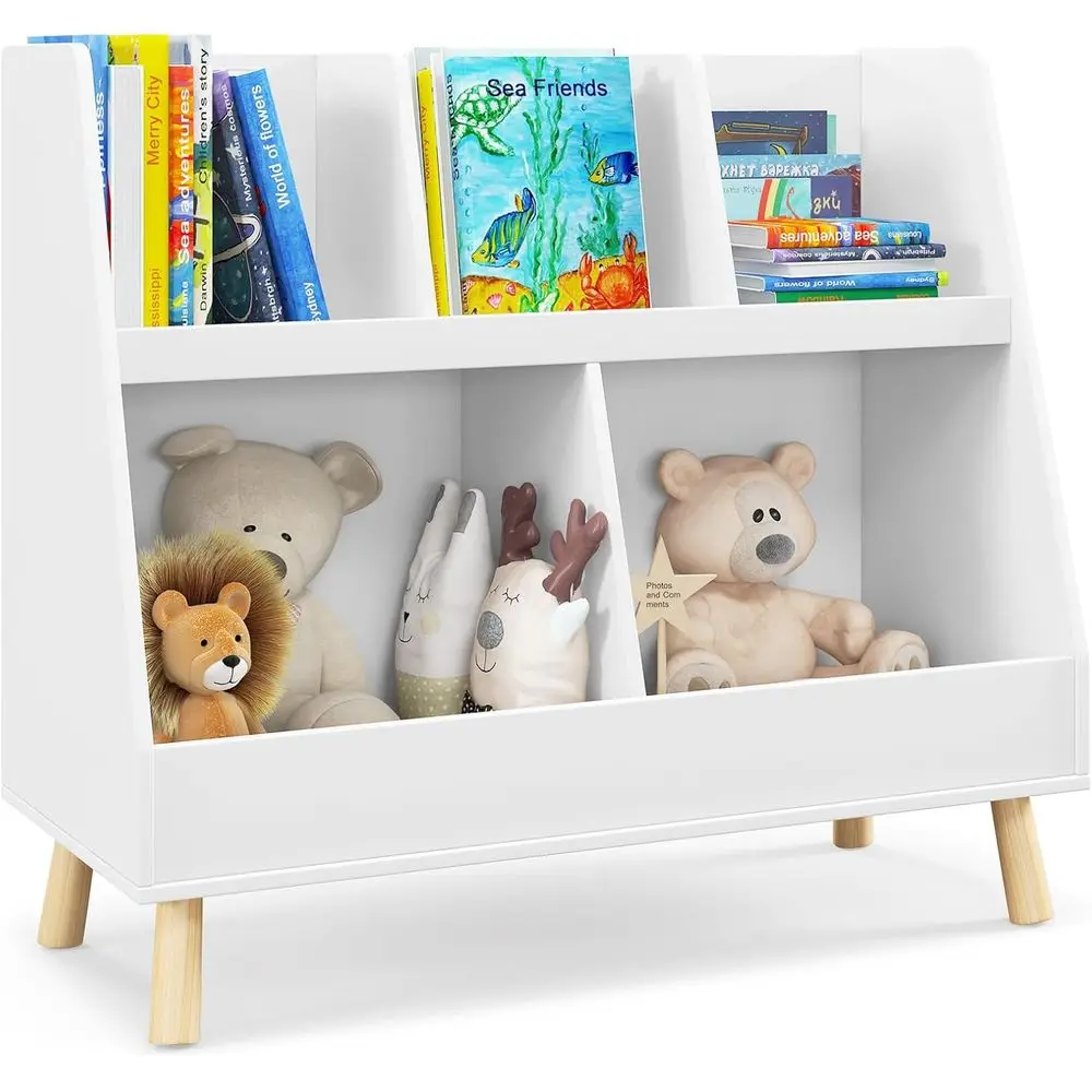 

5-Cubby Toy Storage Cabinet with 2-Tier Book Display, White, Ideal for Playrooms, Bedrooms, Nurseries
