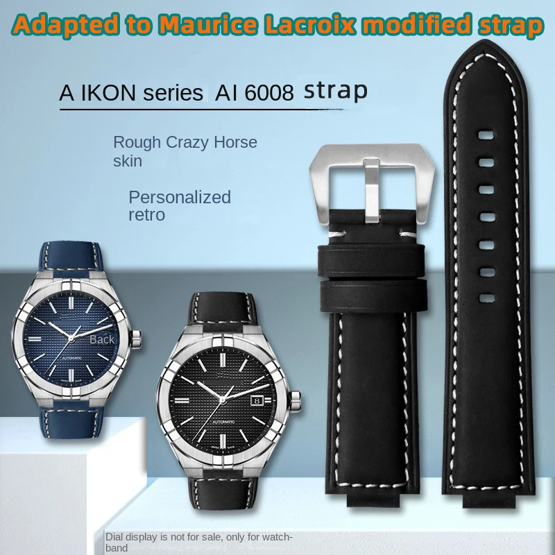 For Maurice Lacroix watch AIKON series AI6008 leather strap replacement rough cowhide raised strap men Blue modified parts black