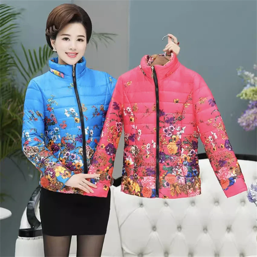 

Gowyimmes 2025 Autumn Winter Women Print Cotton Coat Big Size Lady Thin Down Cotton Jackets Mothers' clothing Parka Outwear 1814