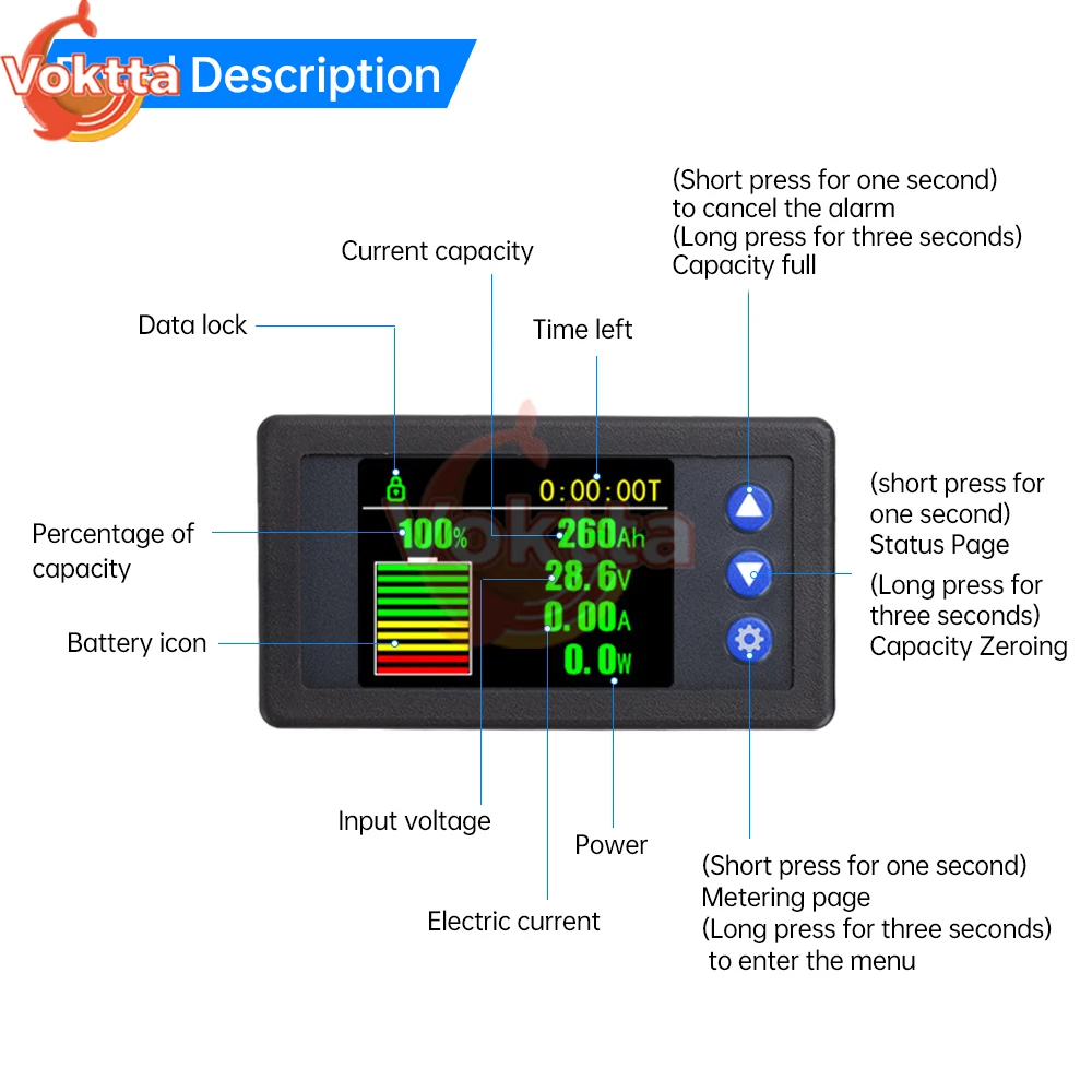 Medidor de Coulomb de capacidad de batería DC 10-100V, Monitor de voltaje, corriente, potencia, Sensor Hall, probador de Coulomb, voltímetro, amperímetro