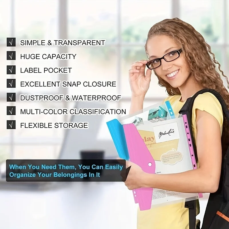 6 قطعة مغلف بلاستيكي مع أزرار لاصقة و11 فتحة مجلد ملفات حقيبة توسيع ل 2/3/4 حقيبة ملفات حلقة A4 حقيبة ملفات مكتب المدرسة