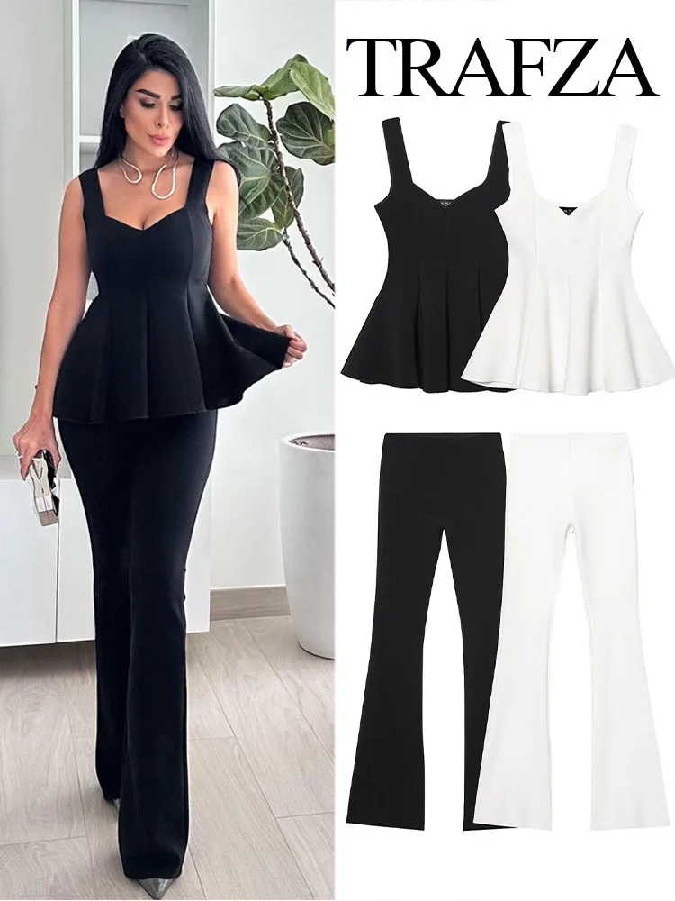 

TRAFZA Women Fashion Pants Suit Hem Folds Sleeveless Slim Wide Shoulder Strap Top+Casual High Waist Elasticity Flare Trousers