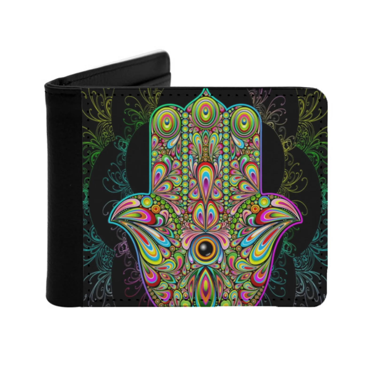 Hamsa Fatma Hand Psychedelic Amulet Personalized Men's Leather Wallet Short Vintage Purse Credit Card Wallet Hamsa Khamsa Hand