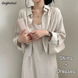 Two Piece Sets Women Korean Style Retro Cropped Shirts Outerwear Simple Baggy Tender Sleeveless Elegant Feminine Long Dresses