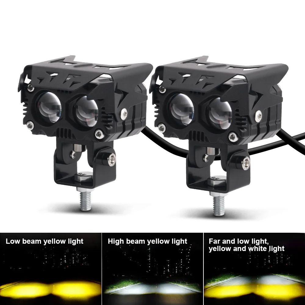 2x Universal Motorcycle LED Headlight Projector Lens Dual Color White Yellow Scooter Driving Fog Lights Auxiliary Spotlight Lamp