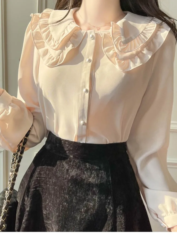 Summer  Chiffon Sweet Ruffles Shirt Women Blouse Cute Bow Tie Office Ladies Tops Blouses  Japan Korea Chic Roupa Feminina