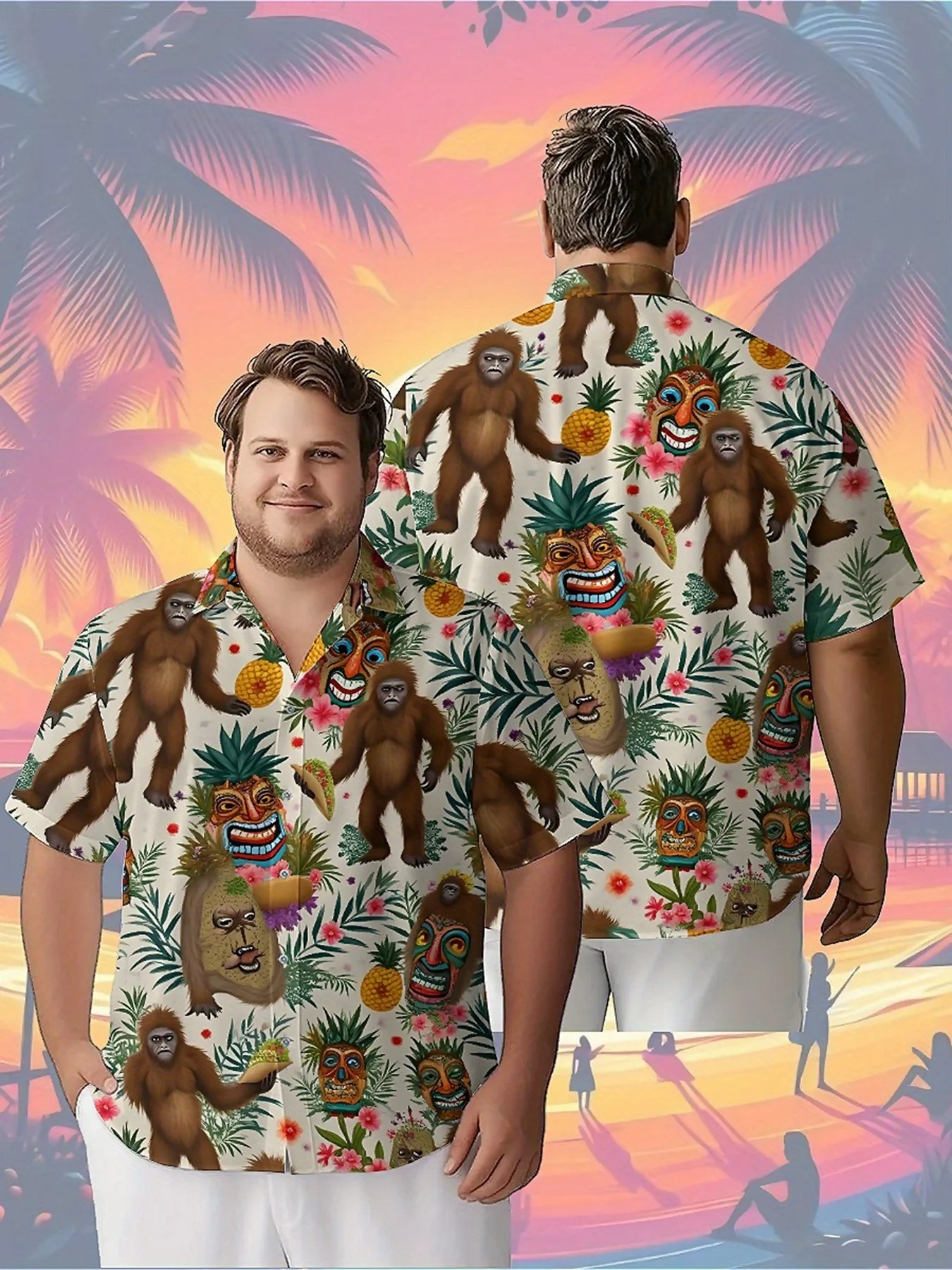 

Men's Plus Size Hawaiian Shirts Sasquatch Theme with Jungle pattern,Unisex Baggy Aloha Shirts,summer Alternative Clothing