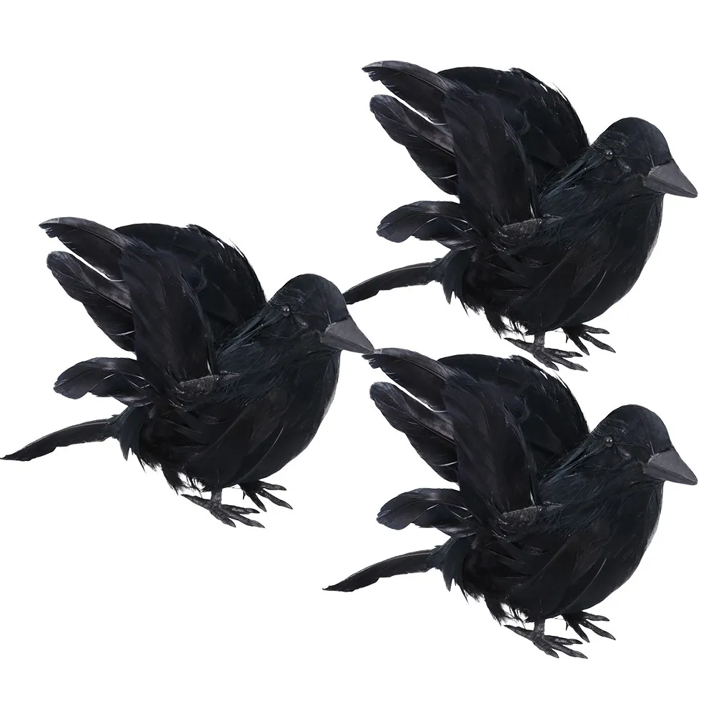 3Pcs Crow Decorations Black Realistic Halloween Crow Ornaments Props for Indoor Outdoor Halloween Party Garden Decor