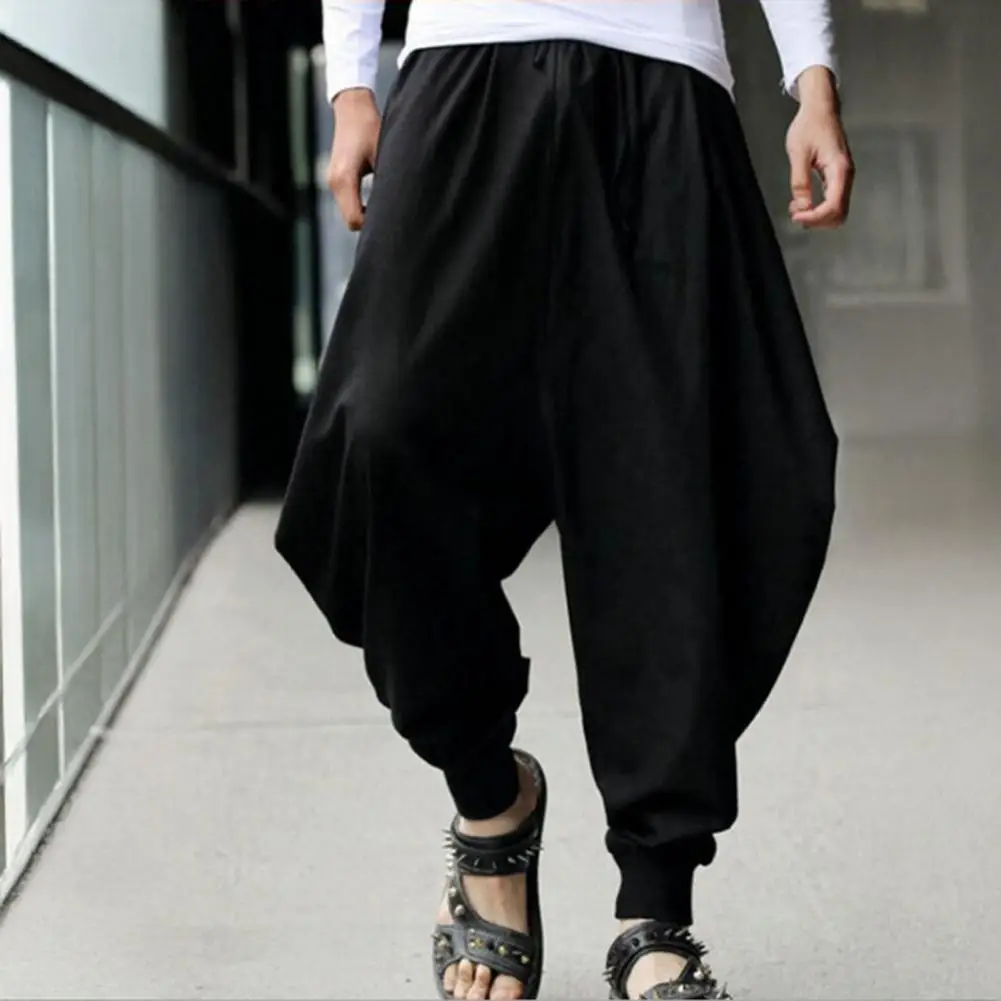 Reinforced Pocket Pants Men's Harem Pants with Elastic Waist Drawstring Reinforced Pocket Street Dance Bloomers Loose Fit Hip