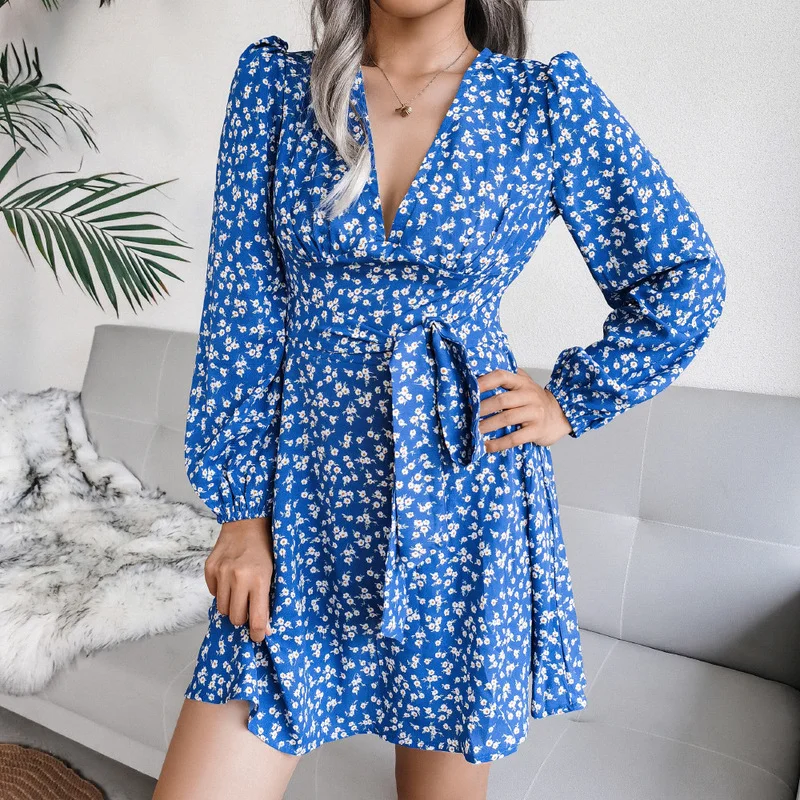 

Sexy V Neck Women New Autumn Dresses Printed Bow Midi Dress Fashion Spring Flowers Long Sleeve Office Lady Women Clothing 2022