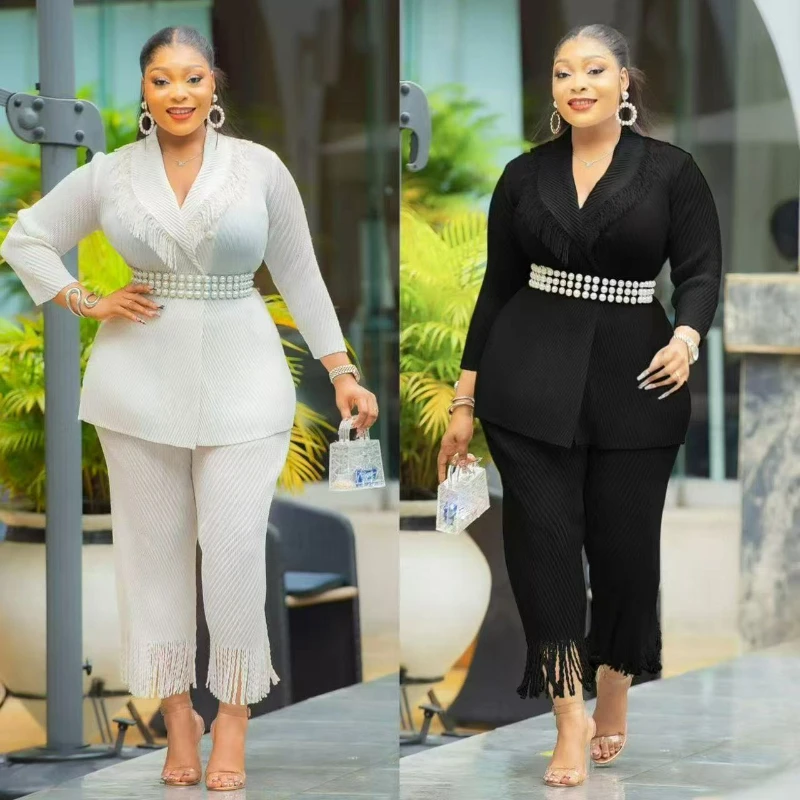 

Women Two Piece Pant Sets Blazer Coats Tassels Spliced Lace Up Party High Waist Long Pants Button Elegant Lady Autumn 2025