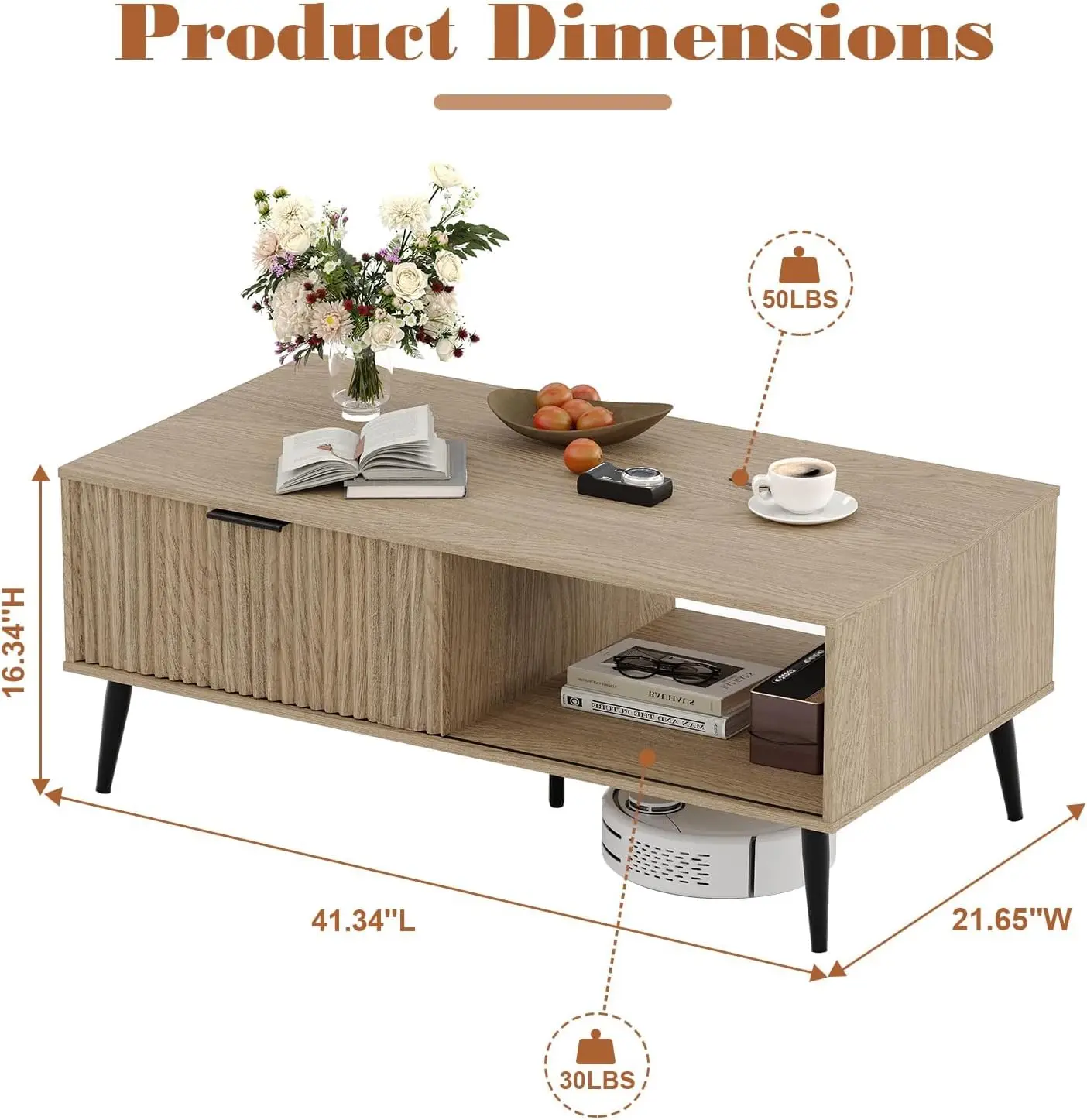 طاولة قهوة خشبية مكونة من طبقتين مقاس 41.34 بوصة - طاولة مركزية مستطيلة مع باب منزلق وتخزين لغرفة المعيشة