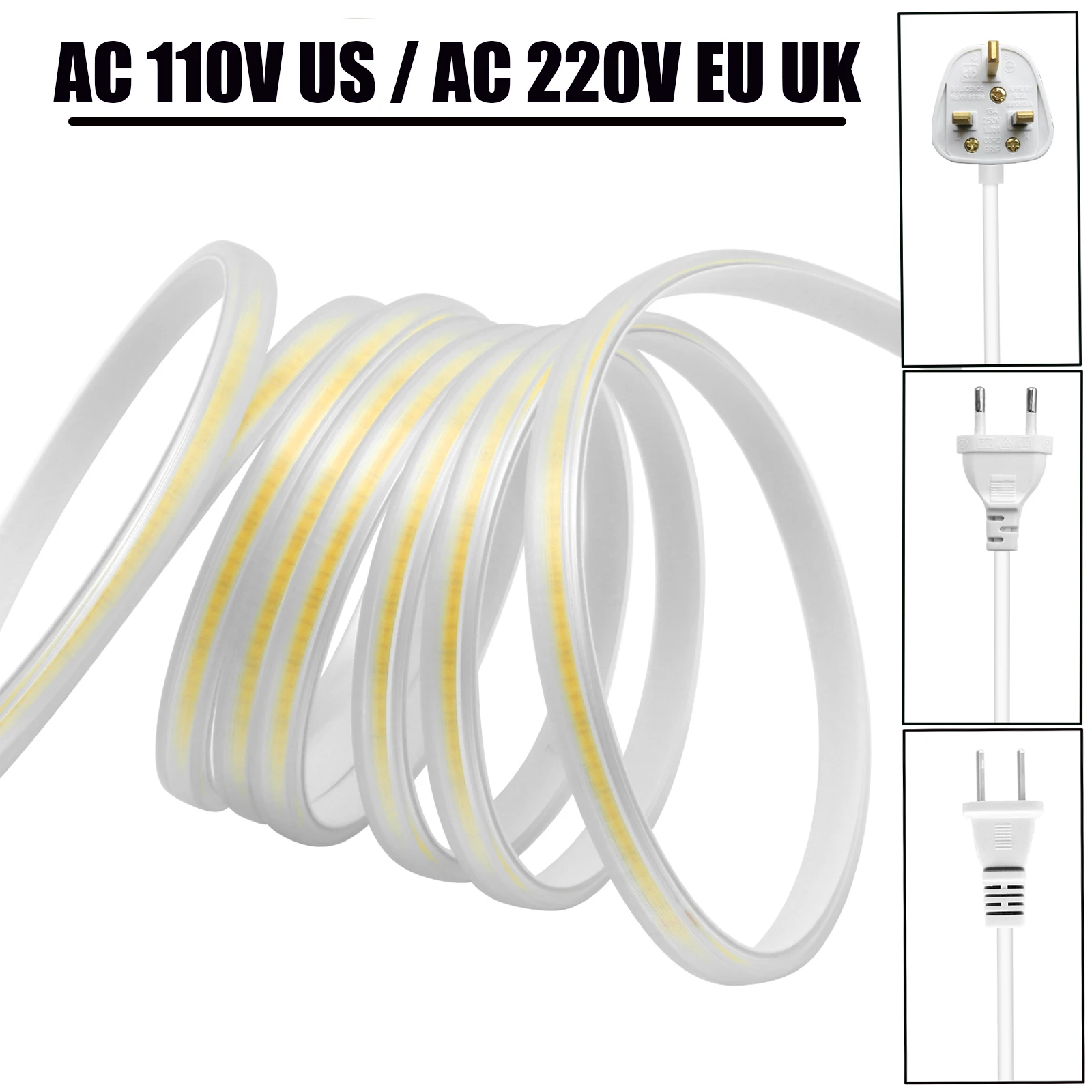 AC 110V 220V COB Strip US EU UK Plug 288Leds/M IP65 Waterproof Warm/Natural White Flexible Ribbon Rope Home Decor LED Light