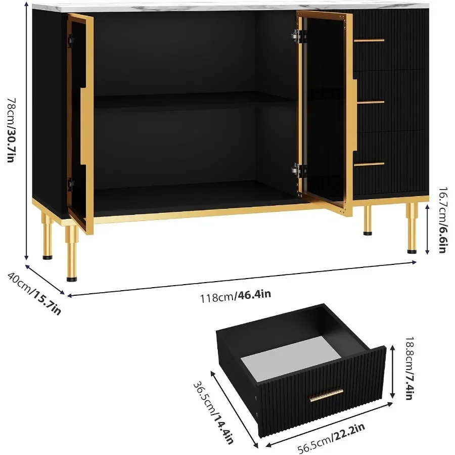 Sideboard Buffet Cabinet for dining room, MDF with tempered glass doors and wave-textured white drawers, modern storage solutio