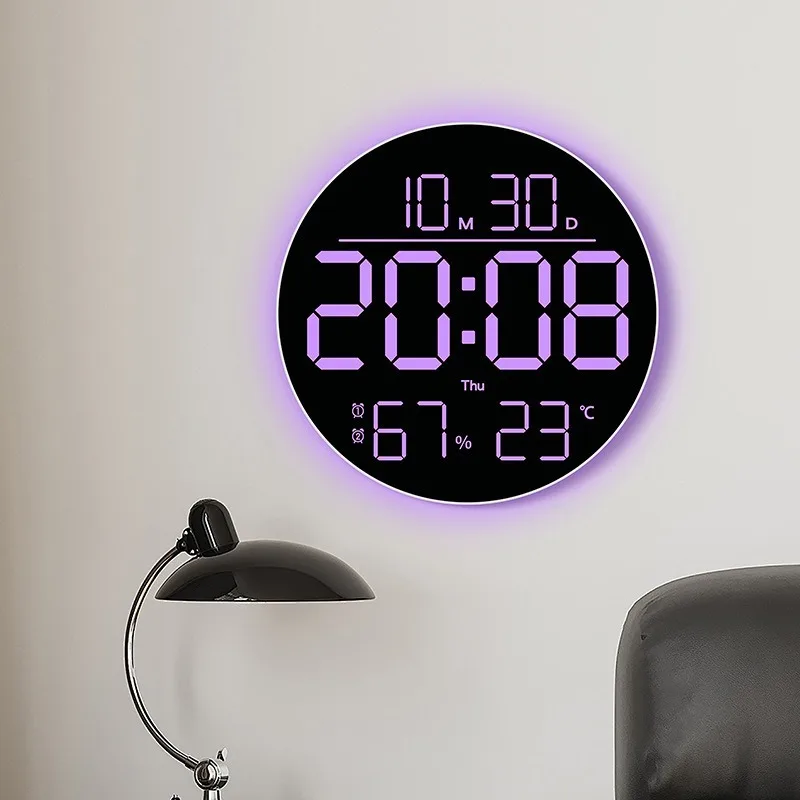 

Creative Colorful Color-changing Round Wall Clock Large Font Atmosphere Light Multifunctional Electronic Wall Watch Decorate