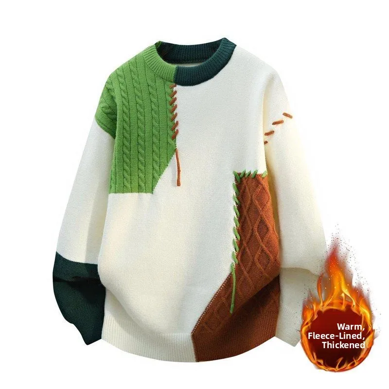 

Мужской вязаный свитер с круглым вырезом, на флисовой подкладке, повседневный, осенне-зимний, теплый, модный, из полиэфирного волокна, с длинными рукавами