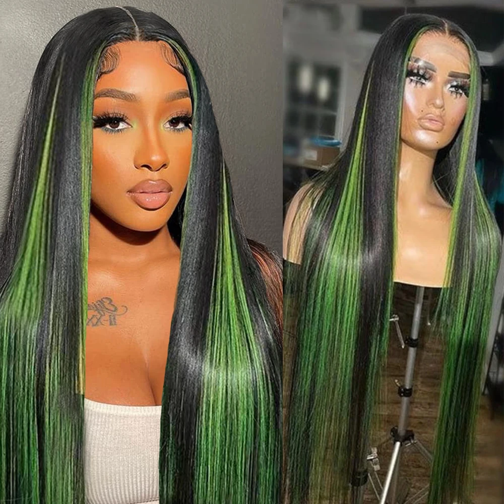 

13x4 Black And Green Straight Lace Frontal Wigs Human Hair Ombre 13x6 1B/Green Lace Front Wig Pre Plucked Human Hair Wigs