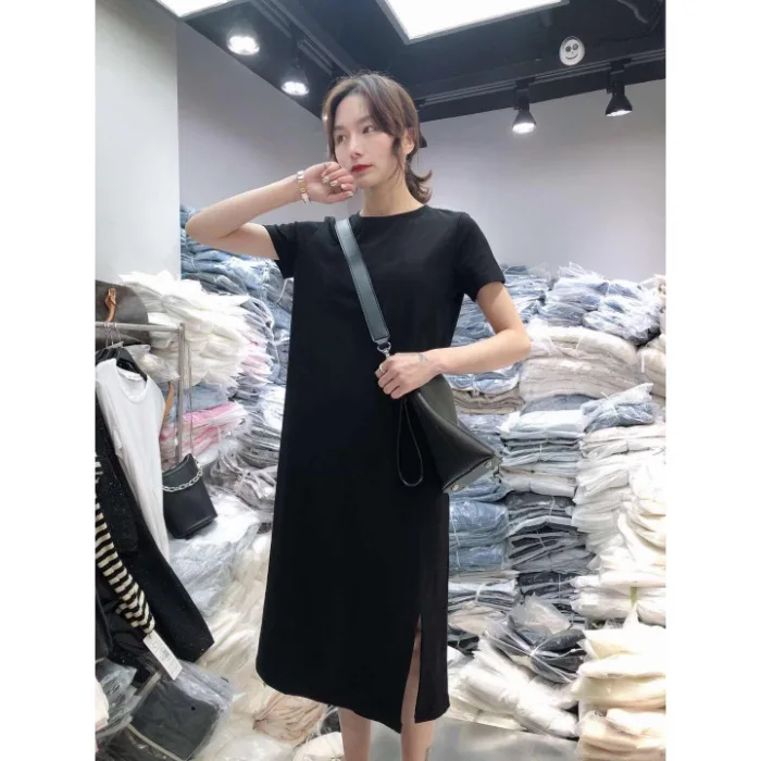 Loose Casual Summer Dress Women's plus Size Short Sleeve Knee-Length Slit Pure Color Comfortable Breathable Polyester Dress