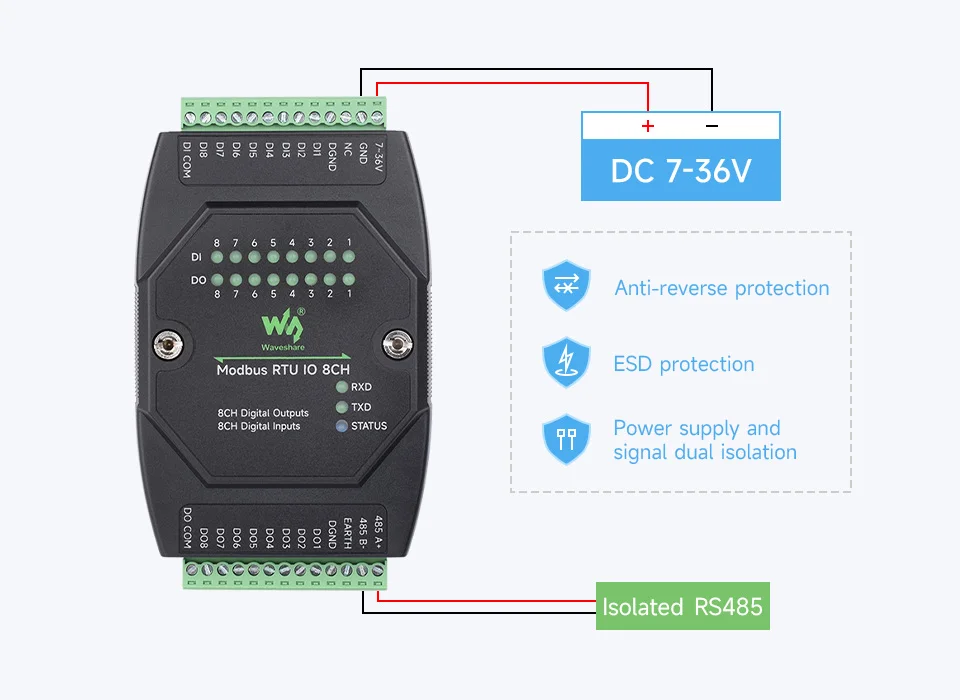 Waveshare Industrial 8-Ch Digital Input & Output Module, DC 7~36V Wide Voltage Power Supply, Modbus RTU Protocol, Rail-Mount