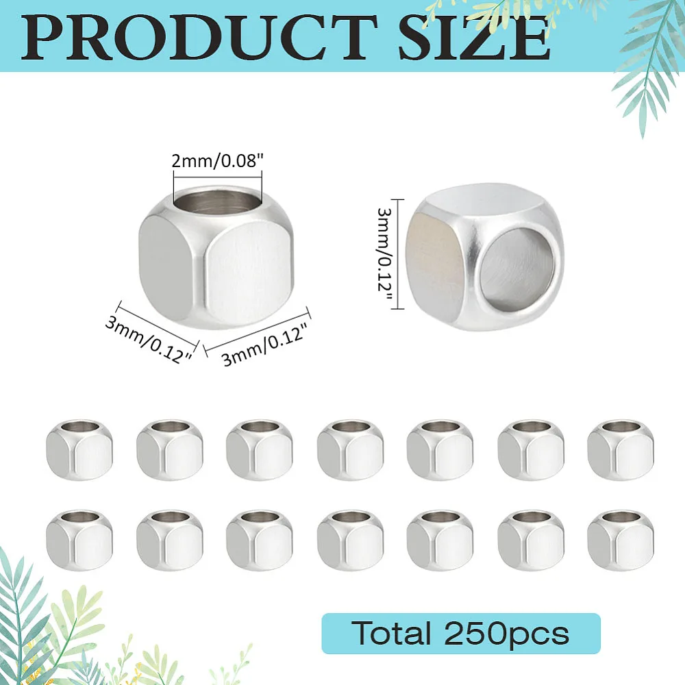 250Pcs Stainless Steel Cube Beads 3mm Spacer Beads Metal Square Bead Small Smooth Big Hole Bead Findings