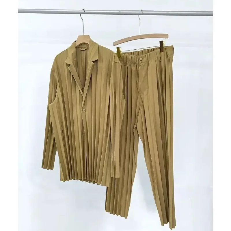 

Miyake плиссированный мужской повседневный костюм с лацканами и длинными рукавами, куртка, пальто, эластичный эластичный пояс, прямые брюки без морщин, новинка