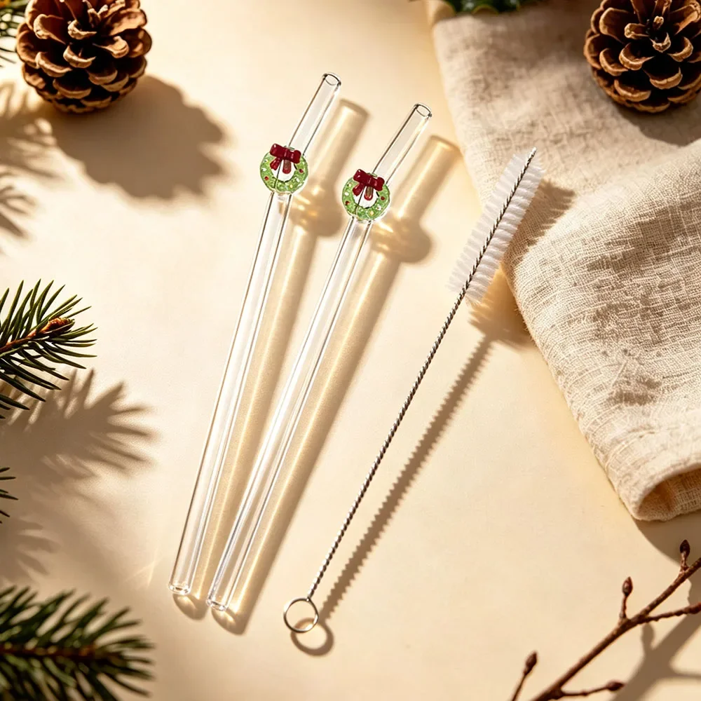 2Pcs Christmas Reusable High Borosilicate Glass Drinking Straws Set Set with 1Pc Brush Milk Shake Coffee Cocktail Straw Bar