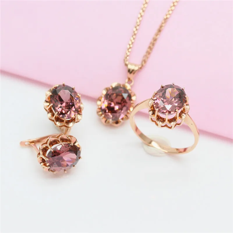 New 14K rose gold plated 585 purple gold gemstone rings for women openwork design exquisite classic charm wedding jewelry set