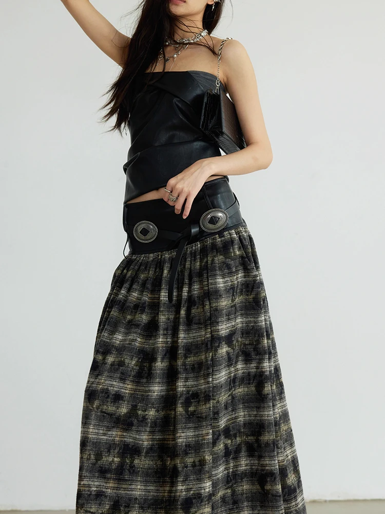 TWOTWINSTYLE Colorblock Plaid Vintage Skirt For Women High Waist Spliced Belt Loose Casual Temperament A Line Skirts Female New