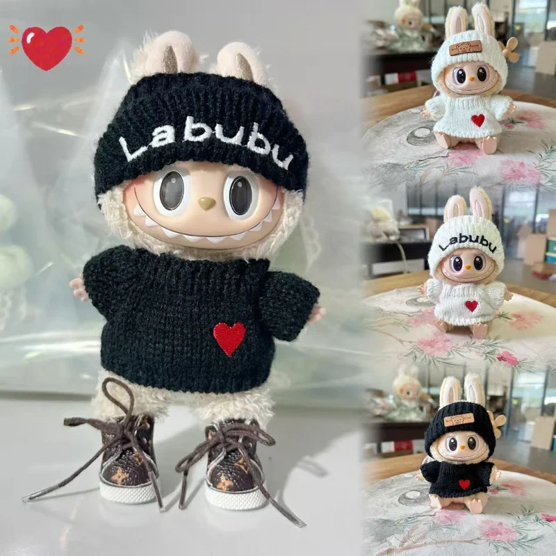 

17cm Labubu Dolls Clothing The Monster Outfit Accessories For Sitting Party Labubu Letter Hat Love Sweater Casual Shoes ES06F